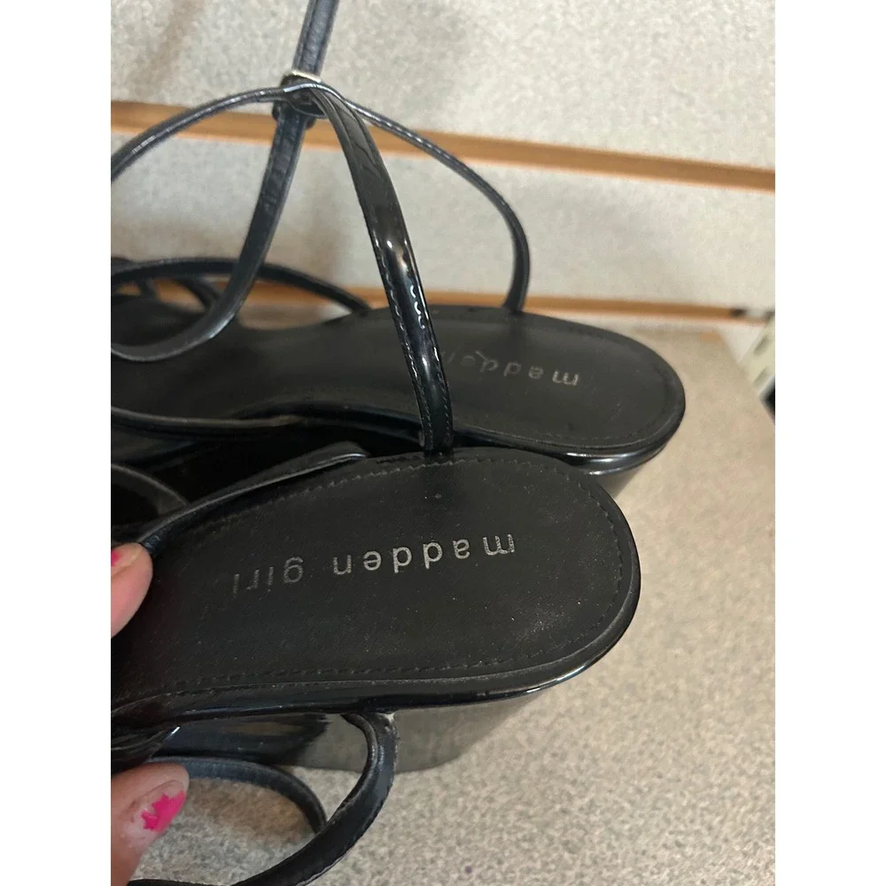 Madden Girl Womens Black Patent Strappy Platform Wedge Sandals Heels Size 9M